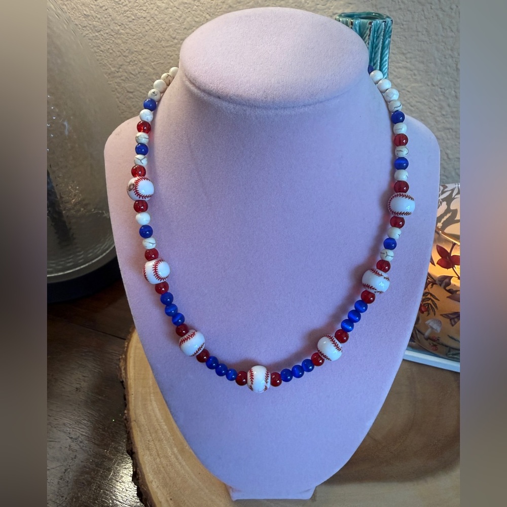 Handmade Baseball Necklace Red, White and Blue Beaded